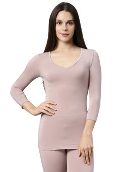 Enamor - Women's V-Neck 3/4Th Thermal Top With Sweat Wicking And Antimicrobial Finish - Pink