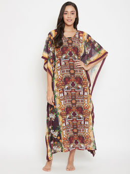The Kaftan Company - Maroon Digital Printed Loungewear Kaftan With Slip