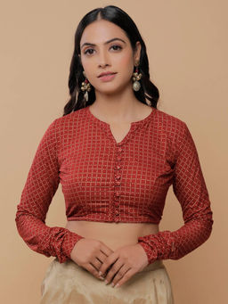 Tjori - Maroon Handblock Printed Cotton Full Sleeves Sweatheart Neck Blouse