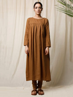 Tjori - Brown Gathered Kurta and Churidaar (Set of 2)