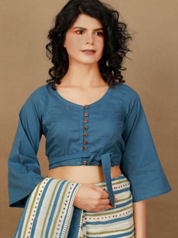 Tjori - Blue Cotton Front Tie Blouse
