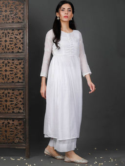 Tjori - White Cotton Organza Side Gathered Embroidered Kurta