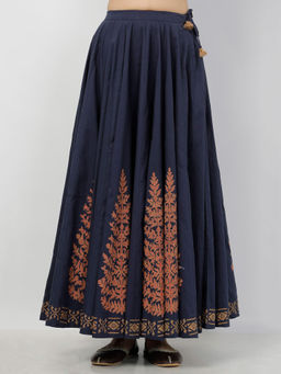 Tjori - Indigo Blue Leaves Hand-Block Printed Tasseled Cotton Gathered Kali Skirt