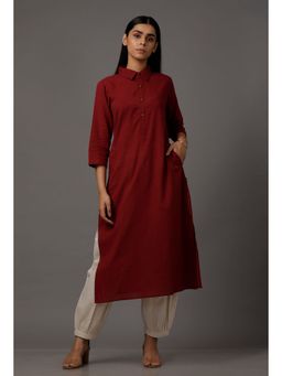 Tjori - Maroon Pure Woven Cotton Kurta