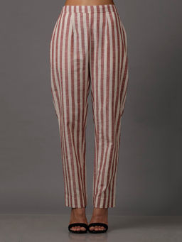 Tjori - Red and White Stripes Pure Woven Cotton Pant