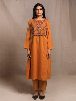 Tjori - Mustard Yellow Front Embroidered Banjara Side Gathered Kurta