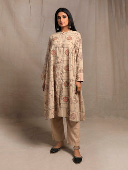 Tjori - Ecru Hand Block Printed Bust-Side Gathered Tunic Dress