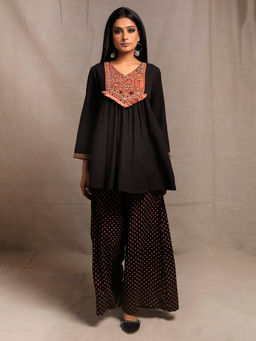 Tjori - Black Front Embroidered Gathered Short Kurta