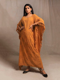 Tjori - Mustard Yellow Hand Block Printed Kaftan Dress