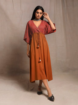 Tjori - Brick-Orange V Neck Front Tie Kaftan Dress