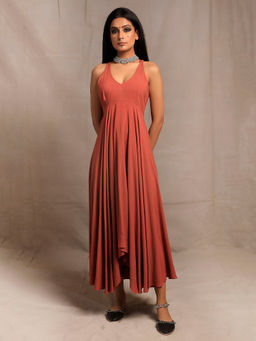 Tjori - Burnt Brick Sleeveless Asymmetrical Dress