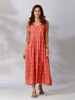Tjori - Orange Ikkat Gathered Slip Dress