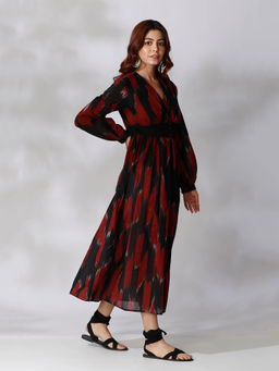 Tjori - Black And Maroon Ikkat Dress