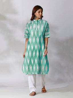 Tjori - Aquamarine Green Ikkat Kurta With White Cotton Pant (Set of 2)