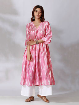 Tjori - Pink Ikkat Gathered Kurta With White Cotton Pant (Set of 2)