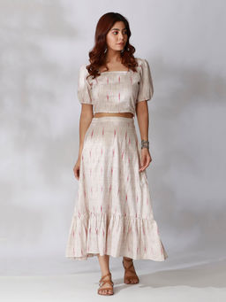 Tjori - Set Of 2- White Ikkat Crop Top With White Ikkat Gathered Skirt