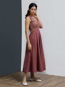 Tjori - Plum Hand-Block A-Line Flared Dress