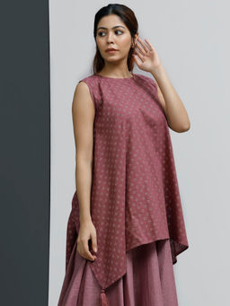 Tjori - Plum Hand-Block Printed Asymmetrical Short Kurta