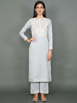 Tjori - Grey Kantha Embroidered Kurta