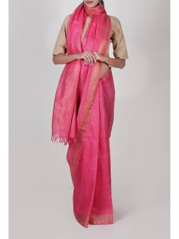 Tjori - Pink Zari Embroidery Pure Linen Saree Without Blouse