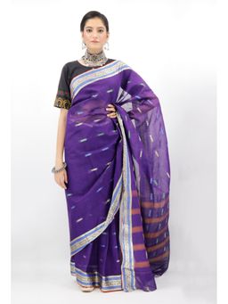 Tjori - Blue Bengali Handloom Geometric Motif Cotton Saree Without Blouse