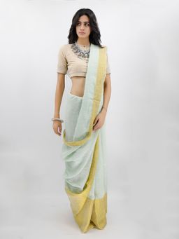 Tjori - Blue Linen Bhagalpuri Zari Border Saree Without Blouse
