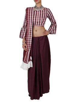 Tjori - Purple Cotton Gamcha Ruffle Saree Without Blouse