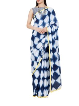 Tjori - Navy Blue Tie Dye Cotton Saree Without Blouse