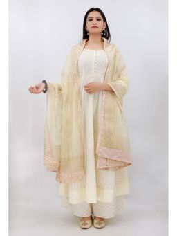 Tjori - Jumima Seashell White Organza Dupatta With Hand Block Printed Motifs