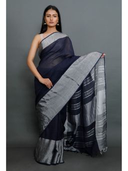 Tjori - Navy Blue Linen Zari Saree Without Blouse