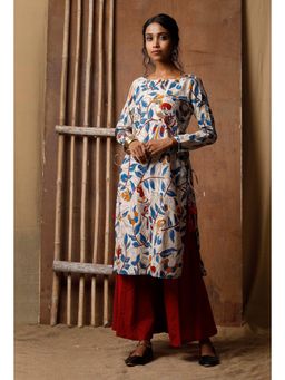 Tjori - White Kalamkari Printed Kurta With Palazzo (Set Of 2)