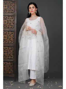 Tjori - White Zari Embroidered Organza Dupatta