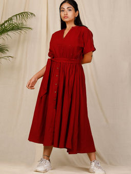 Tjori - Sindoori Low Placket Hand-Embroidered Dress