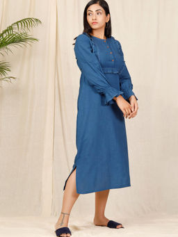 Tjori - Blue Ruffled Hand-Embroidered Dress