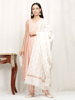 Tjori - Off White Zari Woven Chanderi Dupatta