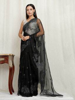 Tjori - Black Silk Organza Embroidered Saree
