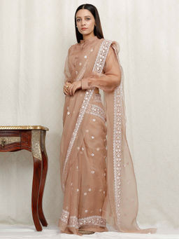 Tjori - Beige Embroidered Silk Organza Saree