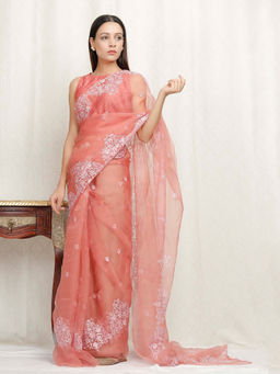 Tjori - Peach Embroidered Pure Banarasi Organza Saree