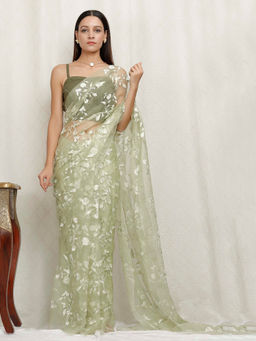 Tjori - Lime Green Embroidered Silk Organza Saree