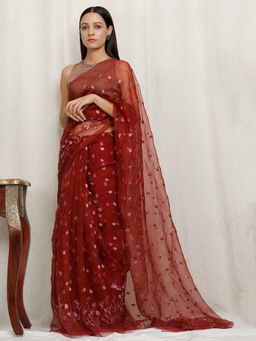Tjori - Rust Embroidered Silk Organza Saree