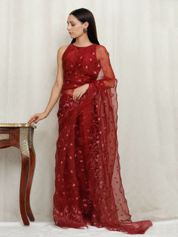 Tjori - Crimson Embroidered Silk Organza Saree