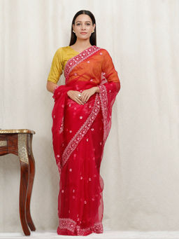 Tjori - Red Embroidered Silk Organza Saree