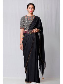 Tjori - Black Plain Saree & Blouse With Kutch Work Belt (Set of 3)