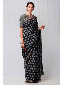 Tjori - White & Black Handblock Printed Saree With No Blouse