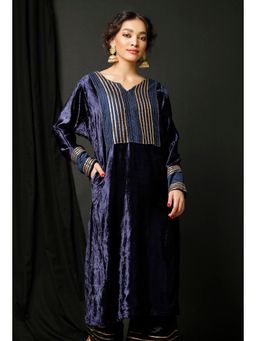 Tjori - Navy Blue Velvet Phiran Kurta