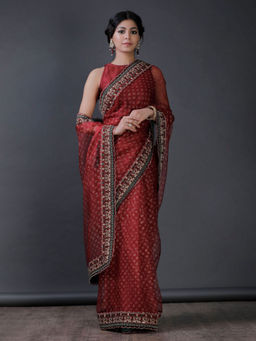 Tjori - Maroon Silk Organza Block Printed Saree