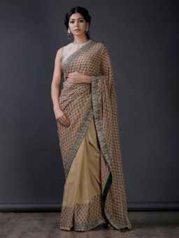 Tjori - Beige Block Printed And Embroidered Lace Georgette Saree
