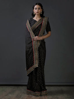 Tjori - Black Block Printed And Embroidered Lace Georgette Saree