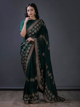Tjori - Bottle Green Block Printed And Embroidered Lace Georgette Saree