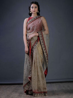 Tjori - Beige Organza Block Printed Andembroidered Lace Saree
